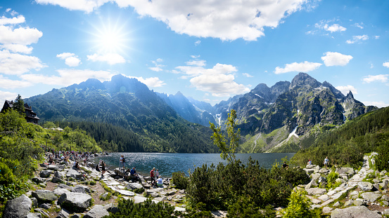 Holidays in Poland - A large number of tourists around Morskie Oko Lake in the Tatra Mountains