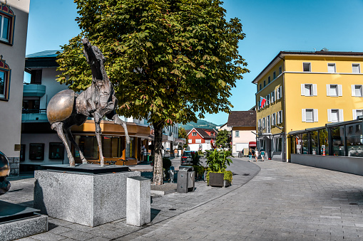 Close Up To Tre Cavalli Statues In Vaduz, Lichtenstein. The modern artwork statues are named Tre Cavalli, made by Nag Arnoldi in year 2002.Three sculptures of horses, each of them has its own name: Stallone, Paura, and L'Attesa. The location is right in front of Vaduz City Hall