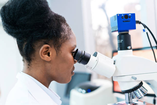 istock Side view of female scientist looking through microscope while working in laboratory 1635847223