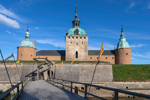 Helsingør, Denmark; April 5, 2021 - Vistors walking at Kronborg, which is a Renaissance castle in Helsingør, Denmark and a UNESCO World Heritage Site