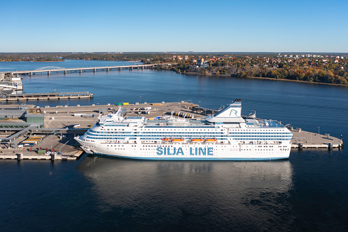 The ship Silja Symphony in port in Värtahamnen, Stockholm.