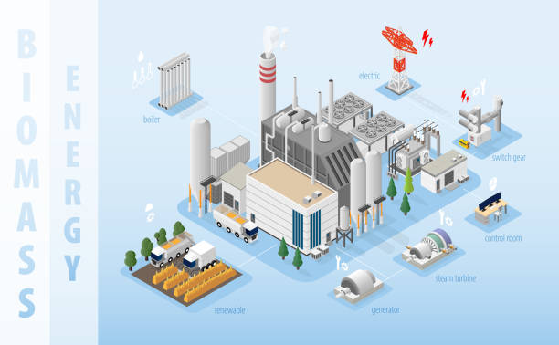 ilustraciones, imágenes clip art, dibujos animados e iconos de stock de energía de biomasa, planta de energía de biomasa en gráfico isométrico - central eléctrica