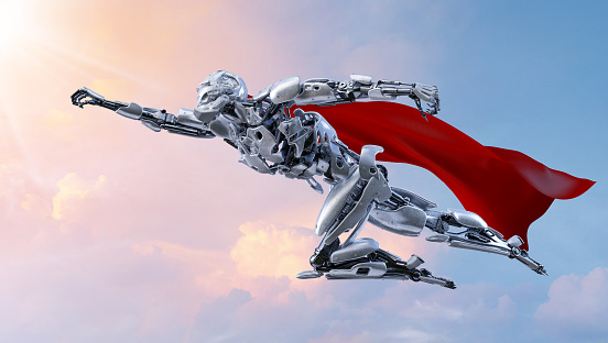 Superhero robot flying. Android, humanoid or cyborg power artificial intelligence technology concept. Machine deep learning, online help, robot assistant, OpenAi information technology. Smart automation 3D illustration.