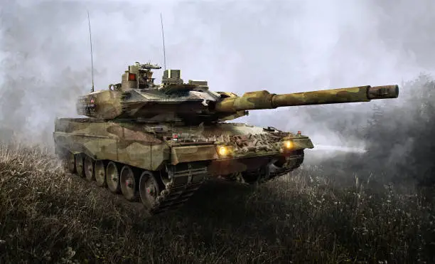 NATO Military aid to Ukraine army. Powerful German-made modern battle  tank. Ukraine-Russia war crisis. 3D heavy military vehicle tank weapon three-dimensional illustration