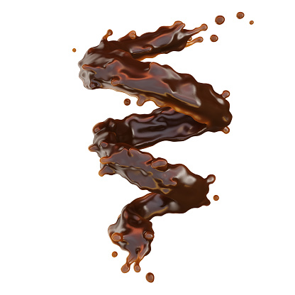 Melted liquid dark chocolate swirl splash isolated on white background. Hot melt chocolate sauce mass. Liquid swirl splash template design advertising element. 3D illustration