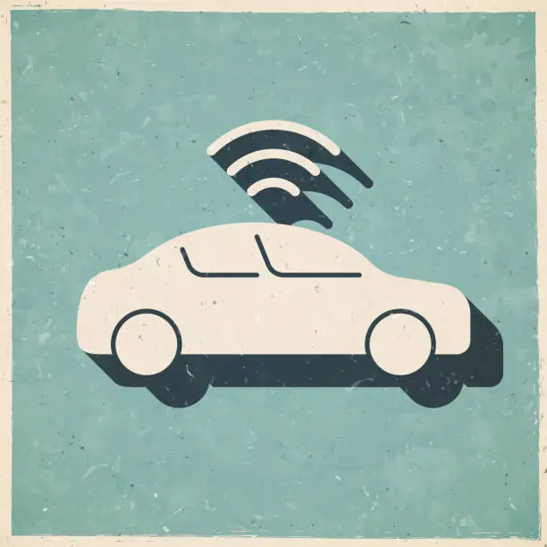 Vector illustration of Connected car. Icon in retro vintage style - Old textured paper