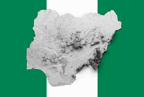 3d nigeria map black and white shaded relief texture map on nigeria flag background 3d illustration - nigeria africa abuja landscape imagens e fotografias de stock