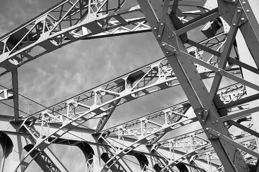 historical metal steel arch bridge. details of construction, close-up, abstract