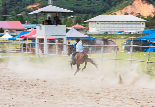 Traditional horse racing in Takengon, Central Aceh. Child Jockeys riding horses on the racetrack to race competitively.