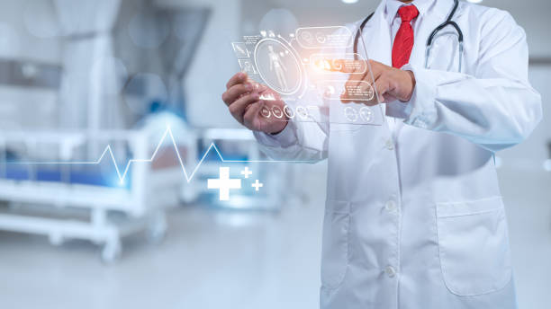 istock Doctor and stethoscope are using hands touching screen for medical diagnosis analysis on modern virtual screen network connection. Medical technology concept. 1635941765