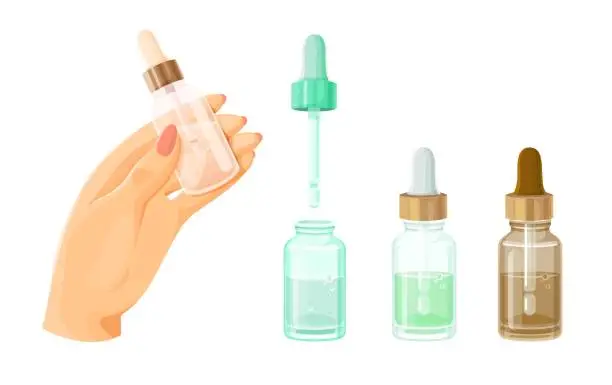 Vector illustration of Serum drop bottles set, essential oil vial. Realistic aroma flask.