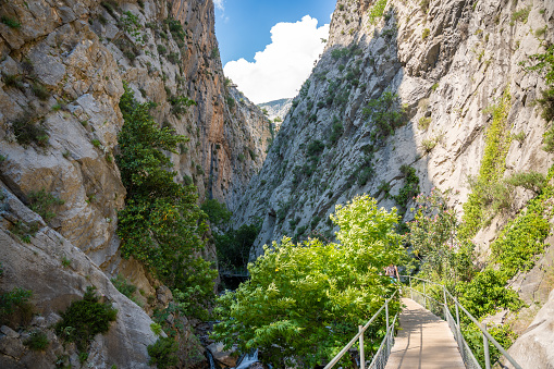 Sapadere canyon with wooden paths and cascades of waterfalls in the Taurus mountains near Alanya, Turkey. High quality photo