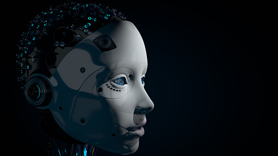 Side view of head of female humanoid robot with white glowing plastic skin, blue eyes and illuminated circuitry in her skull against dark background with copy space. 3D Illustration