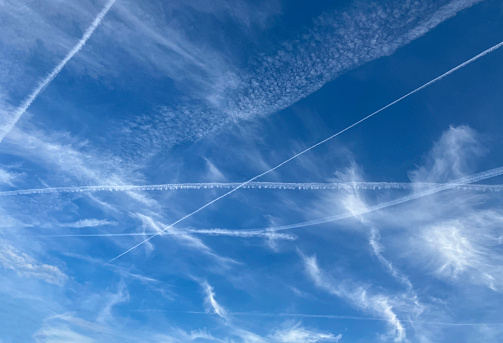 Countless contrails in the sky. Symbol for the steadily growing air traffic despite the climate crisis.