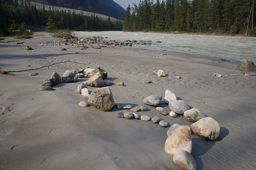 A view from the shore of the Kicking Horse River in Yoho National Park, British Columbia, Canada.