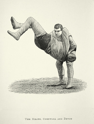 Vintage illustration of Two wrestlers, Wrestling move, The Heave, Cornwall and Devon, Victorian combat sports, 19th Century