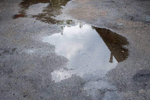 istock Reflection of sky sun  clouds in Puddle. After rain 1635985751