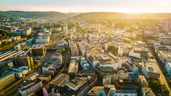 Wuppertal cityskyline aerial drone view at evening time, Wuppertal, Germany