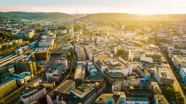 Wuppertal cityskyline aerial drone view at evening time, Wuppertal, Germany