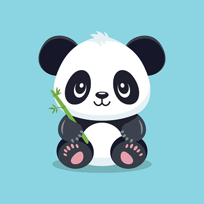 Flat Vector Cute Cartoon Panda Character with Bamboo. Funny Smiling Sitting Panda Bear in Front View.