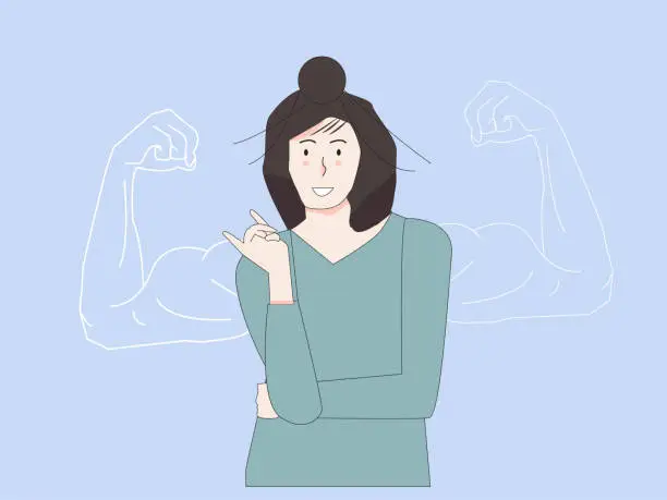 Vector illustration of women's power woman self confidence High esteem concept, confident smiling woman standing, showing biceps silhouette, facing fear like a powerful hero, feeling powerful, confident with inner strength.