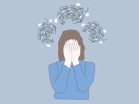 Mental disorder. Seeking answers. Confused woman suffering from depression, covering face with palms in despair, girl trying to solve complex problem. Simple flat vector.