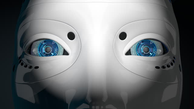 Close-up of moving and blinking blue eyes of humanoid robot with shiny white plastic skin. 3D Animation