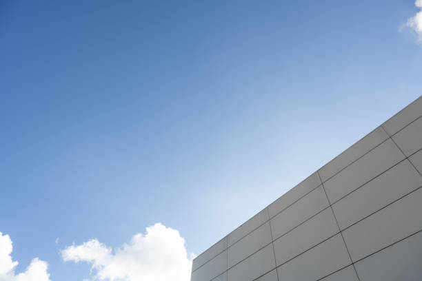 Low angle vision of white buildings under clear skies