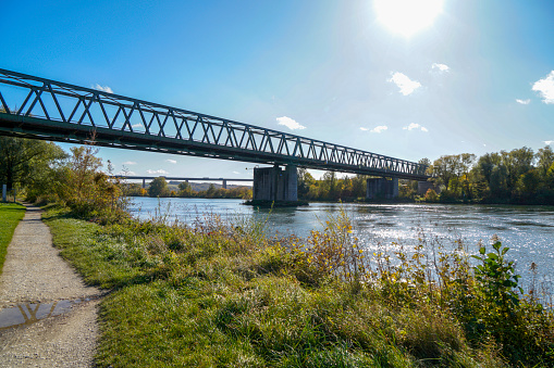 Bridge in steel construction for railway over the Danube in Sinzing near Regensburg