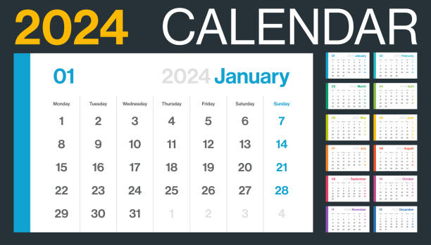 2024 - monatskalender. farbe minimalismus stil landschaft horizontaler kalender für 2024 jahr. vektor-vorlage. die woche beginnt am montag - calendar february desk computer stock-grafiken, -clipart, -cartoons und -symbole