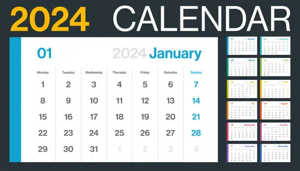 Vector illustration of 2024 - Monthly Calendar. Color Minimalism Style Landscape Horizontal Calendar for 2024 year. Vector Template. The Week Starts on Monday