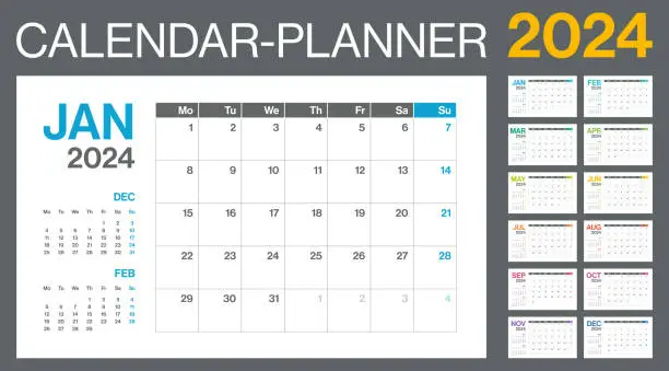 Vector illustration of 2024 - Monthly Quarterly Calendar. Minimalism Style Landscape Horizontal Calendar for 2024 year. Vector Template. The Week Starts on Monday