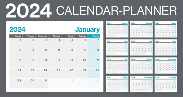 Vector illustration of 2024 - Monthly Calendar Planner. Minimalism Style Landscape Horizontal Calendar for 2024 year. Vector Template. The Week Starts on Monday