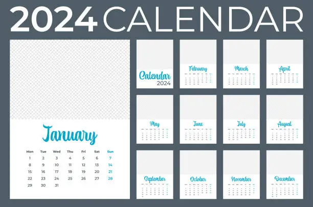 Vector illustration of 2024 - Monthly Calendar with Place for Photo or Illustration. Calendar Vector Template for 2024 year. The Week Starts on Monday