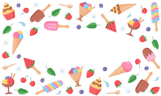 istock Ice cream and berries set of bright colored icons. Vector illustration of summer desserts popsicles, ice cream in waffle cones, strawberry cherry raspberry mint blueberry. 1636115548