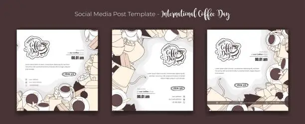 Vector illustration of Set of social media post template with coffee cup background design for world coffee day campaign