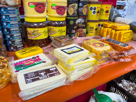April 30th, 2023. Market stall with local lyproduced cheese and other dairy and food products, in Tabasco State, Mexico