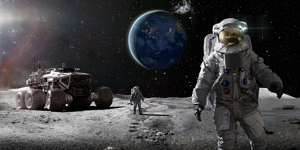 Two astronauts dressed in full spacesuits with backpacks walking on the moon in front of a modern moon rover vehicle. One astronauts in the foreground. The earth is visible in the background. \n\nEarth image from NASA: https://eoimages.gsfc.nasa.gov/images/imagerecords/79000/79790/city_lights_asia_night_8k.tif