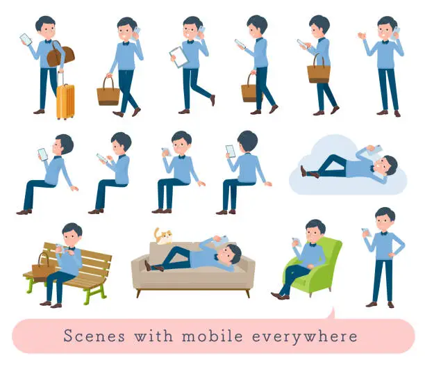 Vector illustration of A set of dad who uses a smartphone in various scenes