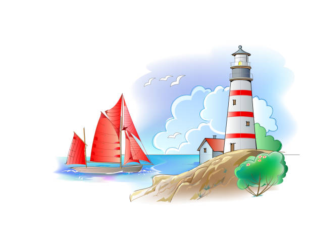 ilustrações, clipart, desenhos animados e ícones de esboço da paisagem marítima com farol e veleiro celta antigo. antecedentes abstratos para viagens ou companhia de vela. impressão para cartão de felicitações, pôster, papel de parede. ilustração vetorial. - romance travel backgrounds beaches holidays and celebrations