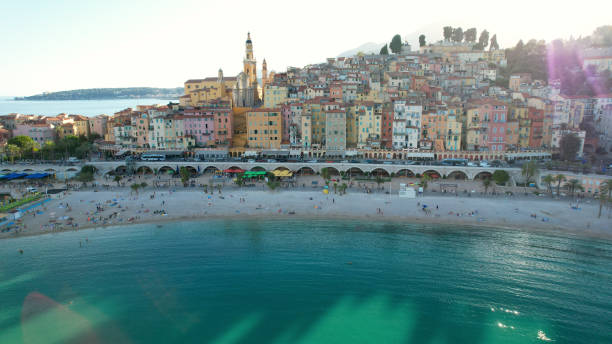 côte d’azur menton drone photo - aerial view cityscape menton beach photos et images de collection