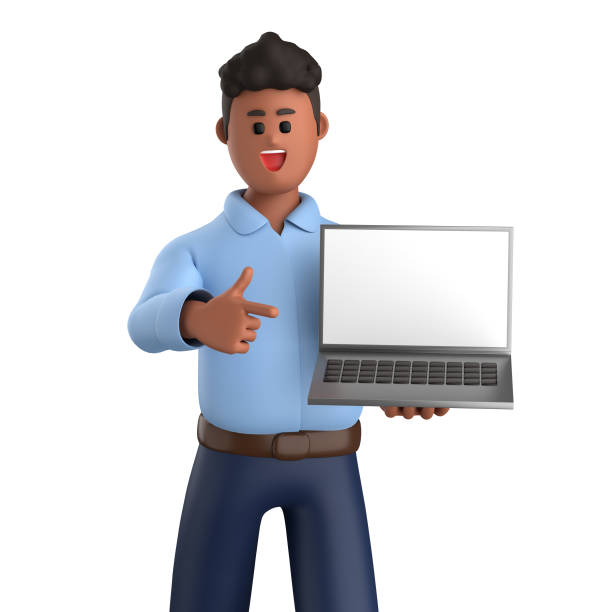 istock 3d black businessman executive pose wearing suit standing with blank screen tablet, laptop isolated on white background, 3d rendering 1636198151