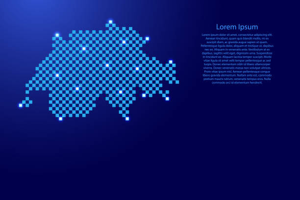 미래 지향적인 파란색 체크 무늬 정사각형 격자 패턴과 배너, 포스터, 인사말 카드에 대한 빛나는 별에서 스위스 지도 - chart star shape square shape symbol stock illustrations