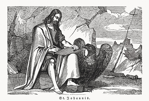 John the Evangelist with the eagle as his attribute. Wood engraving, published in 1837.