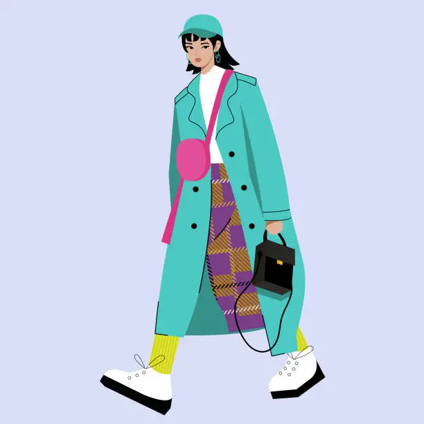 Vector illustration of Fashion girl model walks in a green coat