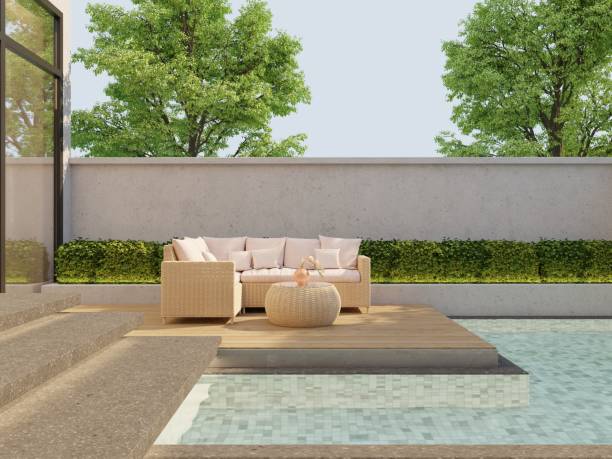 istock Outdoor swimming pool seating area evening sun with beige rattan sofa set.3d render 1636251681
