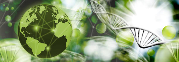 image of a globe and a stylized DNA chain on a green blurred background