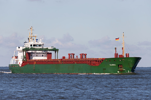Cuxhaven, Germany - October 29, 2019: Hansa Shipping multipurpose dry cargo and container carrier Klarika on the river Elbe