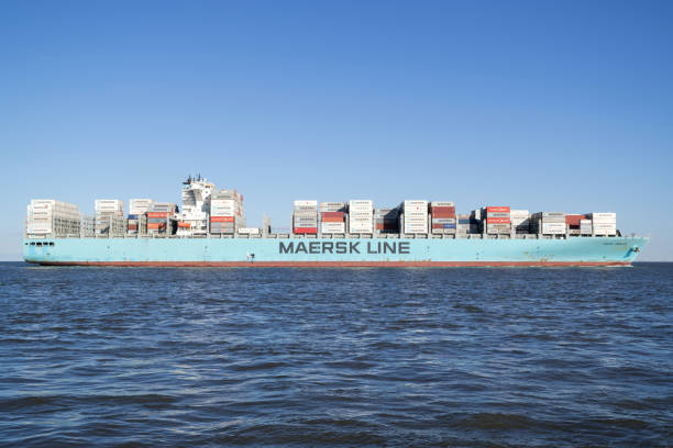 Cuxhaven, Germany - October 29, 2019: container ship Maersk Gibraltar on the river Elbe