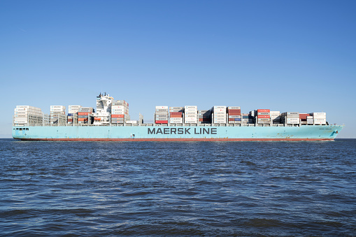 Cuxhaven, Germany - October 29, 2019: container ship Maersk Gibraltar on the river Elbe